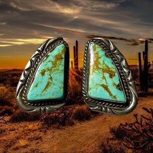 Exquisite Sterling Silver Turquoise Stud Earrings DL Garcia 1 3/8”